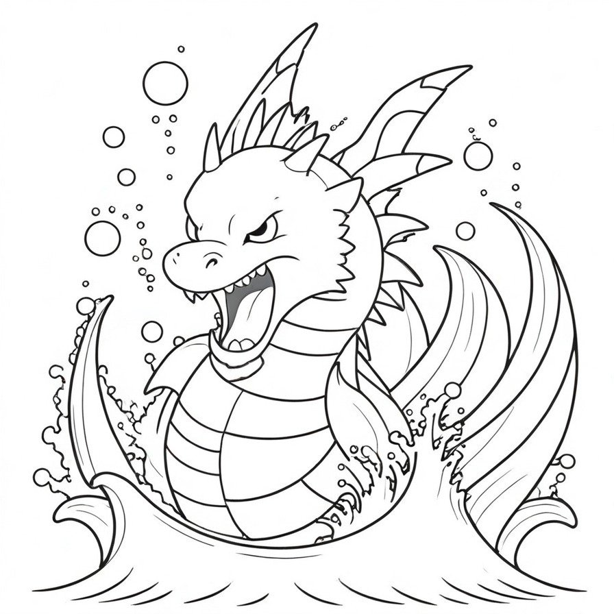 Experience 'Gyarados's Mighty Roar,' a breathtaking scene capturing the fearsome power of Gyarados as it dominates the ocean waves. This coloring page is perfect for fans who admire the raw strength and intimidating presence of this water/flying-type Pokémon, offering an intense and thrilling coloring challenge.