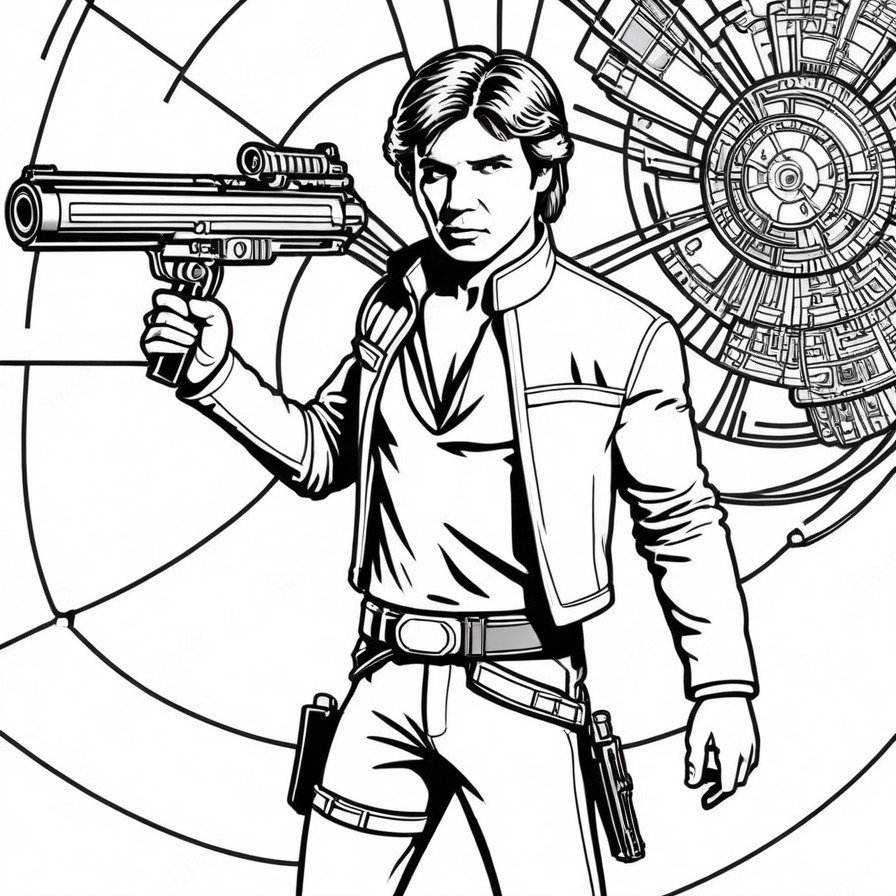 'Han Solo's Stance' captures the essence of one of the most beloved characters in the Star Wars universe. This coloring page is designed for fans who admire Han Solo's charisma and courage, providing a straightforward yet dynamic depiction that highlights his iconic look and ready-for-action pose.