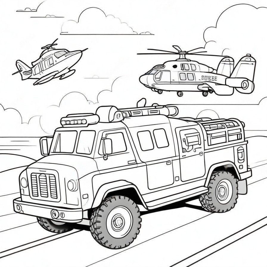 Engage with 'Heroic Rescue Vehicles,' a coloring page that showcases the diversity and importance of emergency services, an homage to the specialized vehicles and the brave souls who operate them.