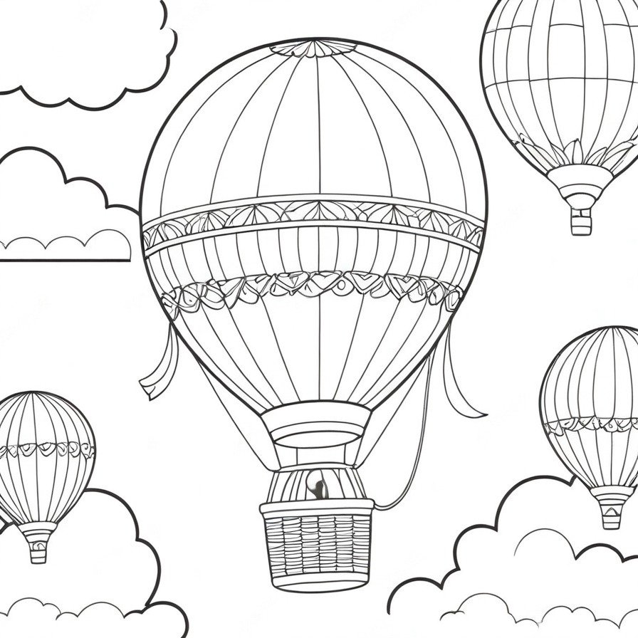 Ascend to new heights with 'Hot Air Balloon Adventure,' a coloring page that takes you up, up, and away into the sky, perfect for those who dream of floating peacefully above the world.