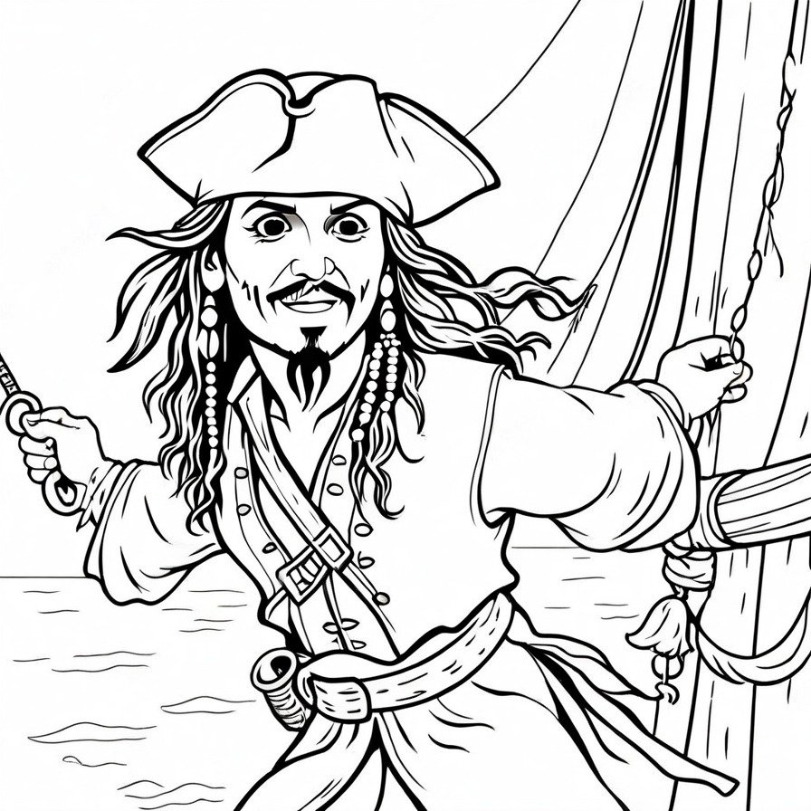 Dive into 'Jack Sparrow's Escape,' an action-packed scene showing Jack's cunning and agility as he escapes from naval forces. This coloring page is ideal for fans who love Jack's adventurous and cunning side, offering an intense and engaging coloring challenge.