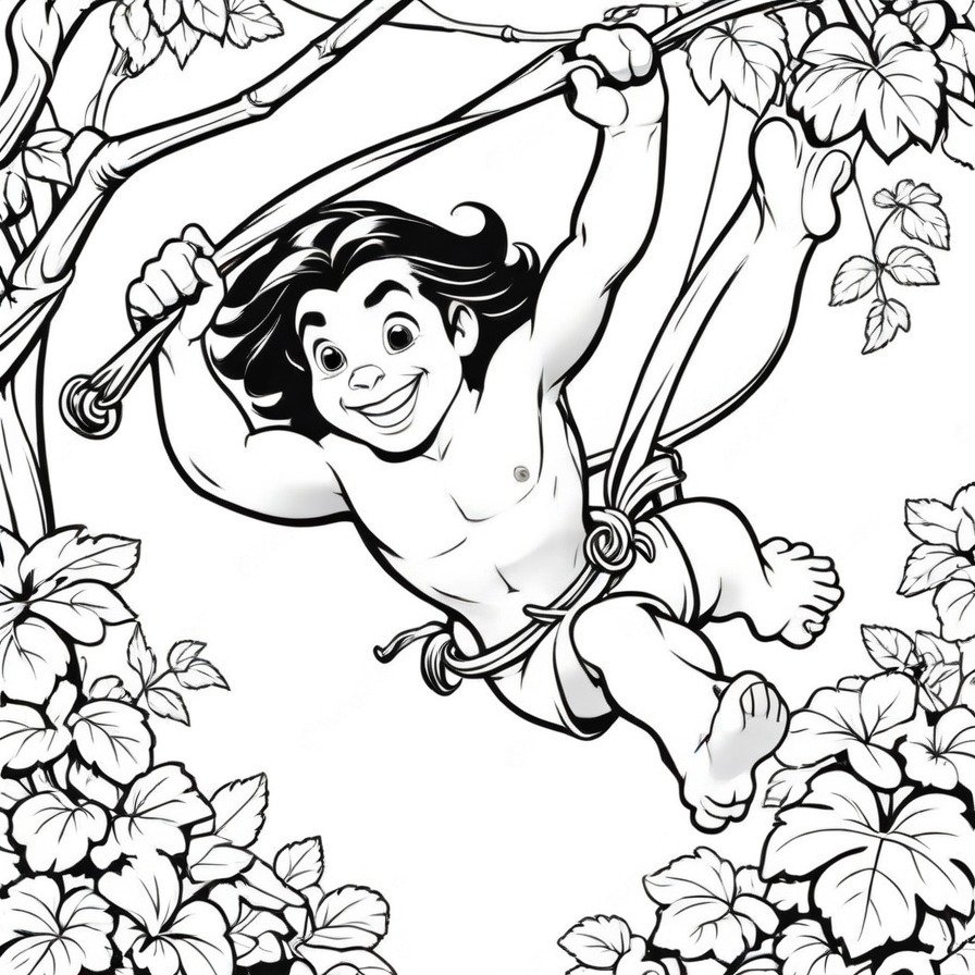 Embark on 'Jungle Adventures with Tarzan,' a coloring page that captures the essence of the wild and the freedom of swinging through the treetops.