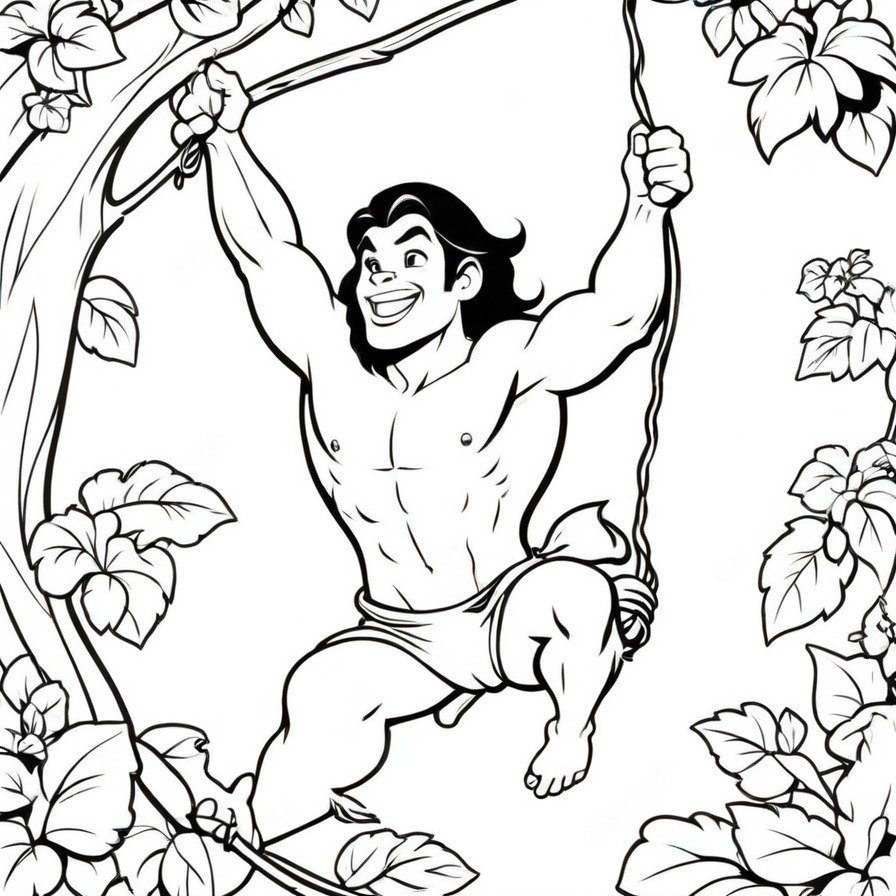 Embark on 'Jungle Adventures with Tarzan,' a coloring page that captures the essence of the wild and the freedom of swinging through the treetops.