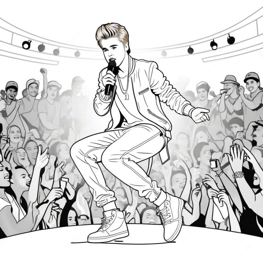 'Justin Bieber Concert Spectacle' portrays the excitement and energy of a live Justin Bieber performance. This coloring page allows fans to engage with one of his vibrant concerts, highlighting his popularity and showmanship.