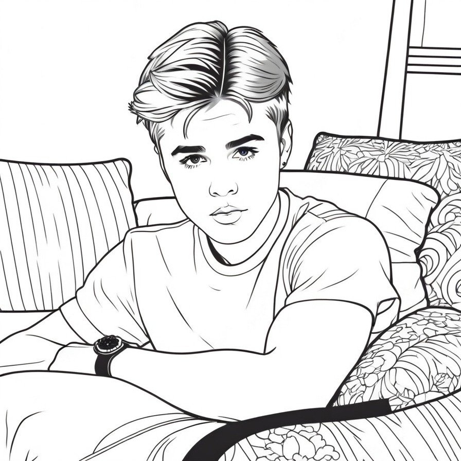 'Justin Bieber Relaxing at Home' offers a glimpse into Justin's life away from the public eye, portraying a serene and personal moment. This coloring page provides an opportunity for fans to connect with a more intimate side of his life.
