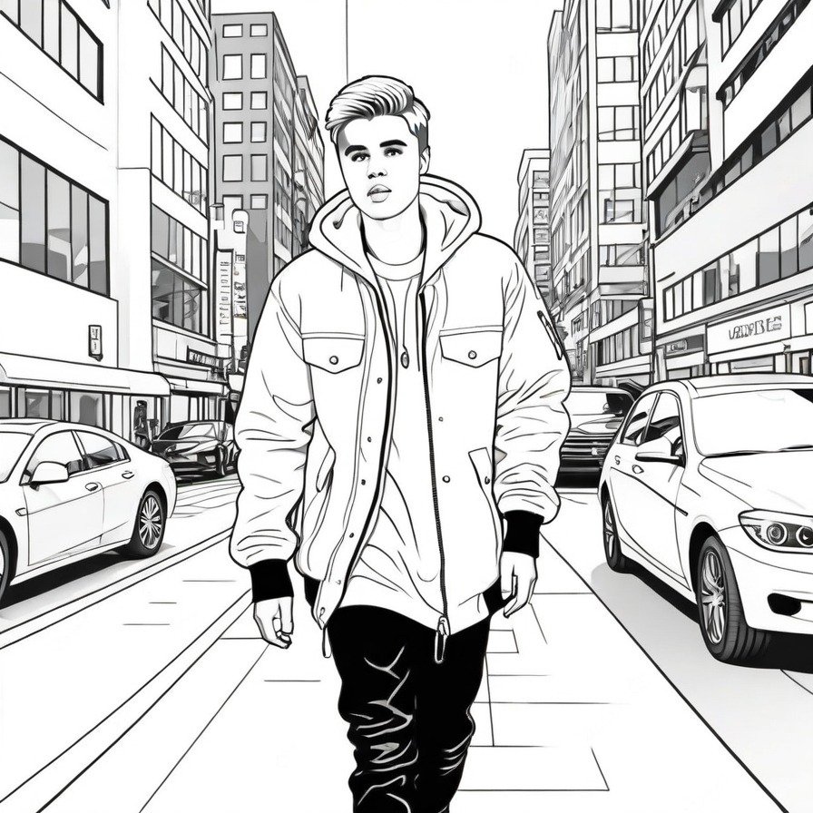 'Justin Bieber Urban Style' showcases Justin's influence in fashion as he navigates through an urban environment. This coloring page appeals to fans who appreciate his style and the casual side of his public life.