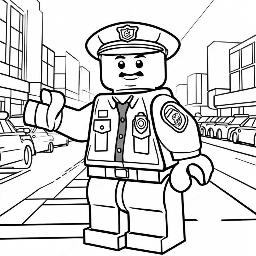 The LEGO Police Officer Stand portrays the day-to-day heroism of law enforcement in a kid-friendly LEGO format, ideal for a fun and respectful coloring activity.