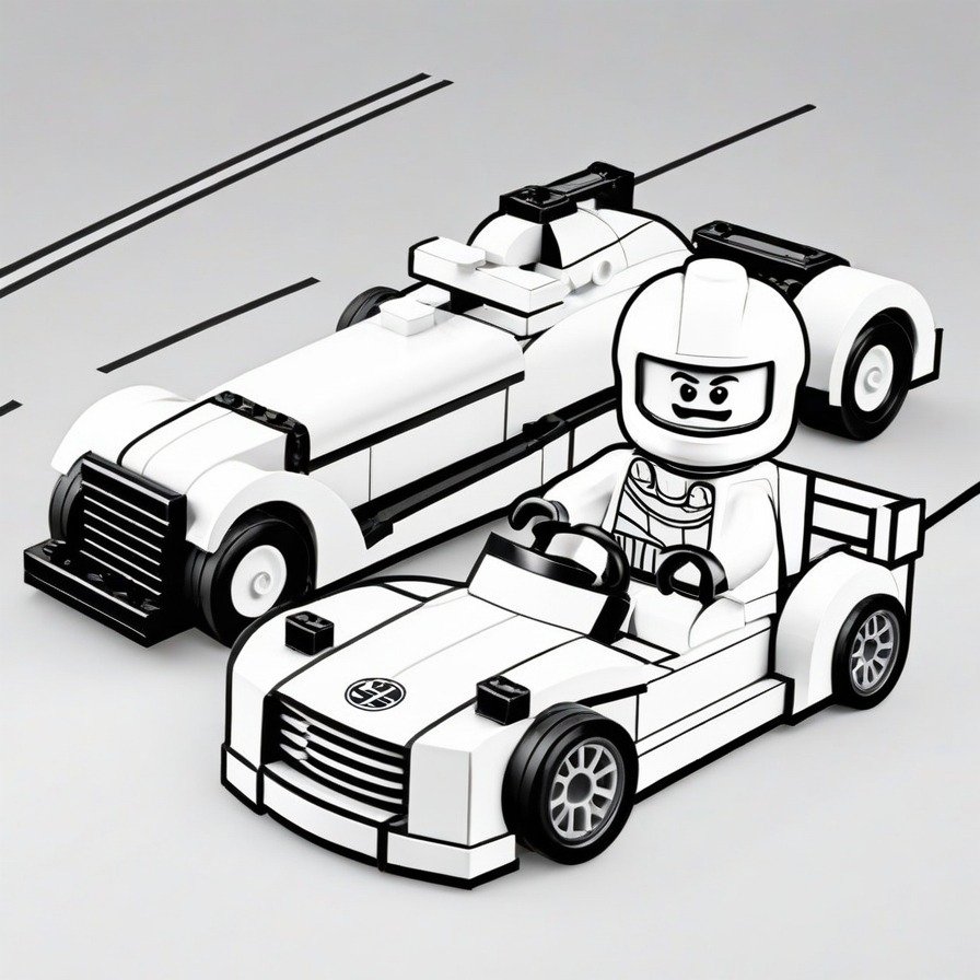 'LEGO Race Car Driver' is in the fast lane, ready for colorists to add a sense of speed and competition to the scene, capturing the thrill of racing in a playful LEGO setting.