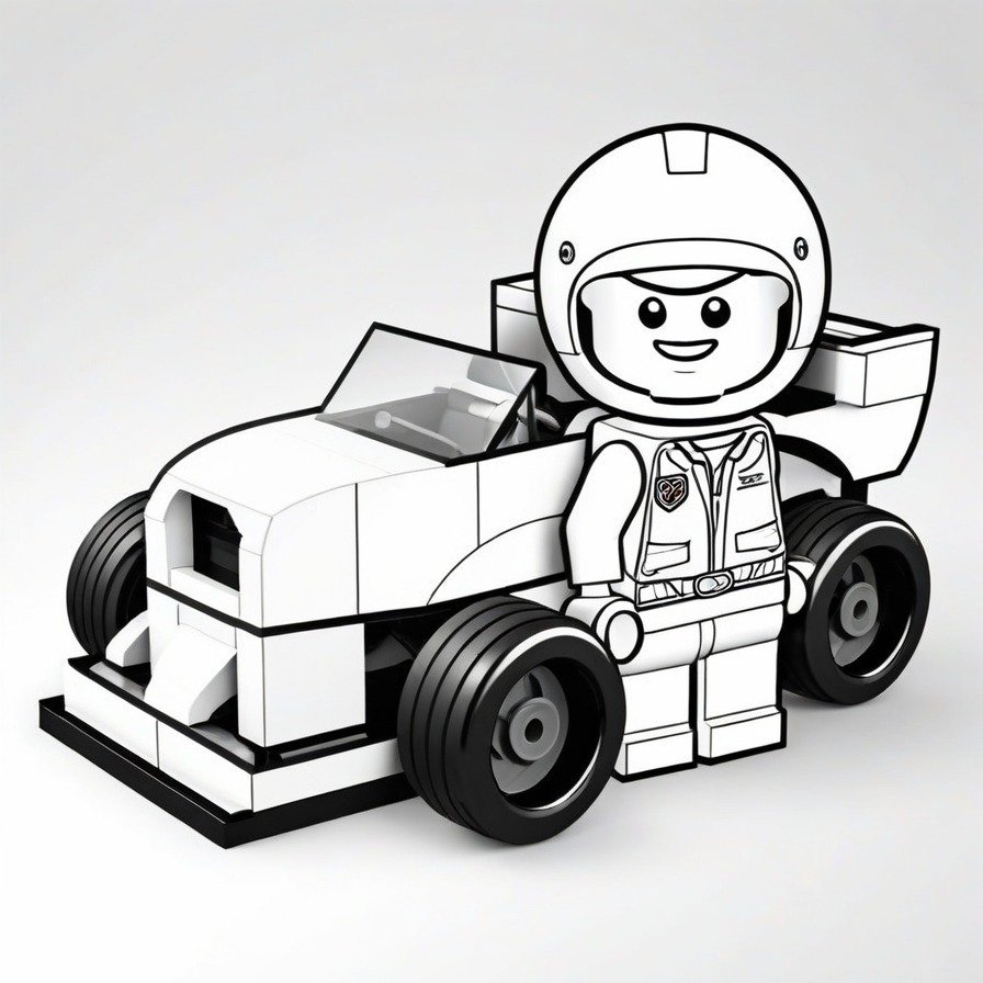 'LEGO Race Car Driver' is in the fast lane, ready for colorists to add a sense of speed and competition to the scene, capturing the thrill of racing in a playful LEGO setting.