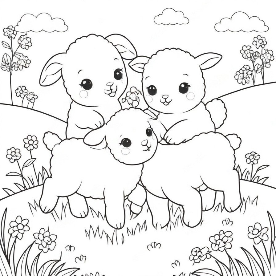 Embrace the vibrancy of spring with 'Lambs Frolicking in Spring,' a coloring page that captures the delightful antics of young lambs, perfect for those who love the energy and innocence of farm animals.