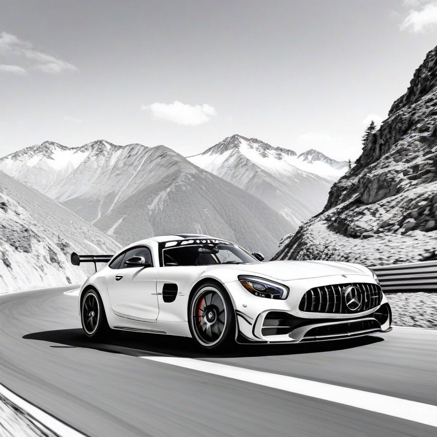 'Mercedes-AMG GT Road Challenge' captures the adrenaline and performance of the Mercedes-AMG GT. Aimed at sports car lovers and adventure seekers, this coloring page provides a dynamic and engaging scene to be brought to life with shades of grey.