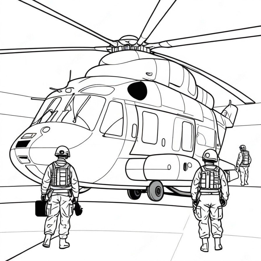 The 'Military Medevac' coloring page brings to life the critical moments of a medical evacuation, highlighting the swift response and care provided by military medics. It's a heartfelt tribute to these airborne lifesavers.
