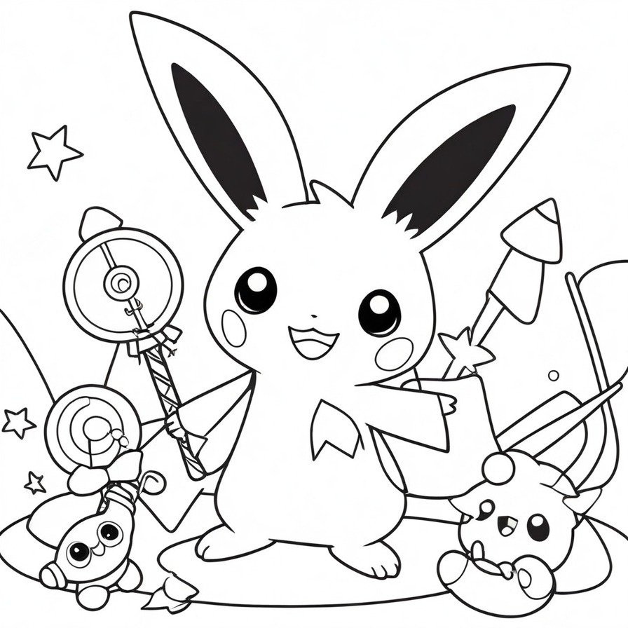 'Mimikyu's Playtime' showcases the playful and innocent aspects of Mimikyu as it enjoys a variety of toys. This coloring page is designed to offer a lighthearted and fun scene, perfect for those who appreciate Mimikyu’s endearing qualities.