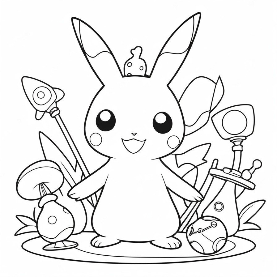 'Mimikyu's Playtime' showcases the playful and innocent aspects of Mimikyu as it enjoys a variety of toys. This coloring page is designed to offer a lighthearted and fun scene, perfect for those who appreciate Mimikyu’s endearing qualities.