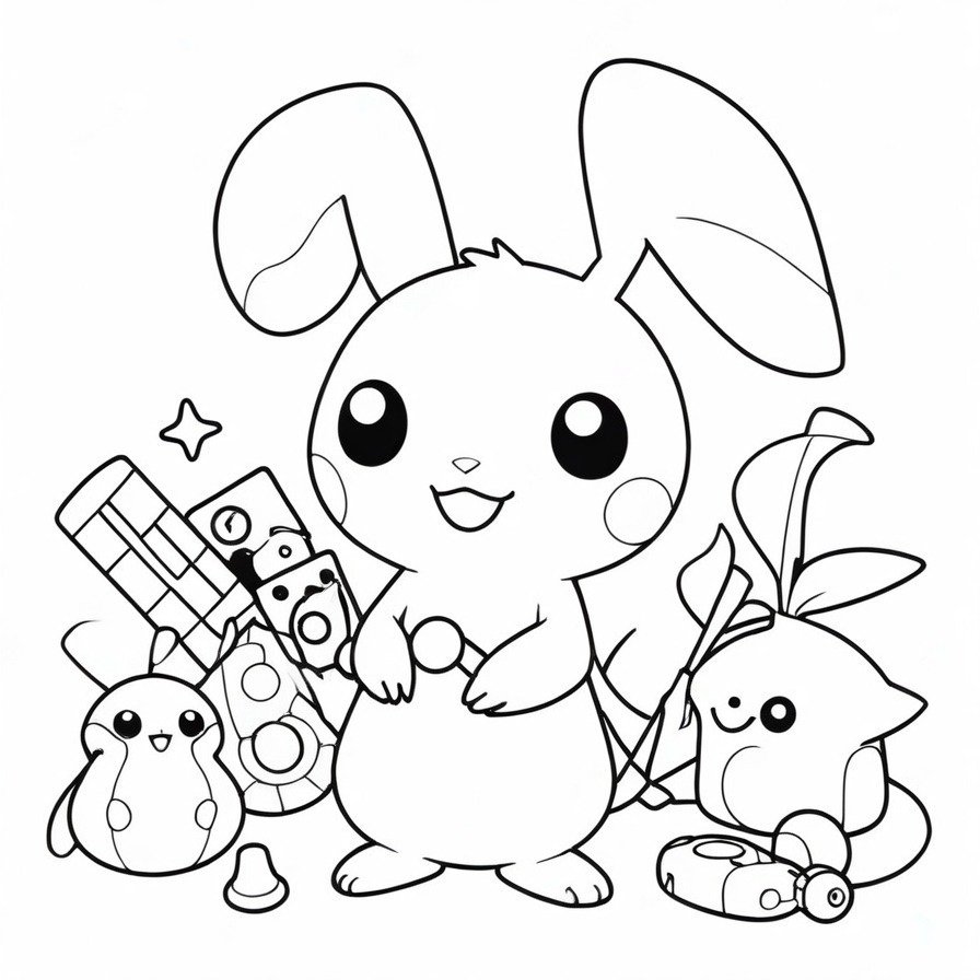 'Mimikyu's Playtime' showcases the playful and innocent aspects of Mimikyu as it enjoys a variety of toys. This coloring page is designed to offer a lighthearted and fun scene, perfect for those who appreciate Mimikyu’s endearing qualities.