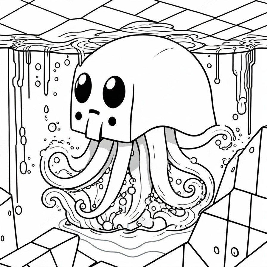 'Minecraft Squid's Underwater Scene' brings a peaceful aspect of the game to coloring books, perfect for fans who appreciate Minecraft's diverse biomes.
