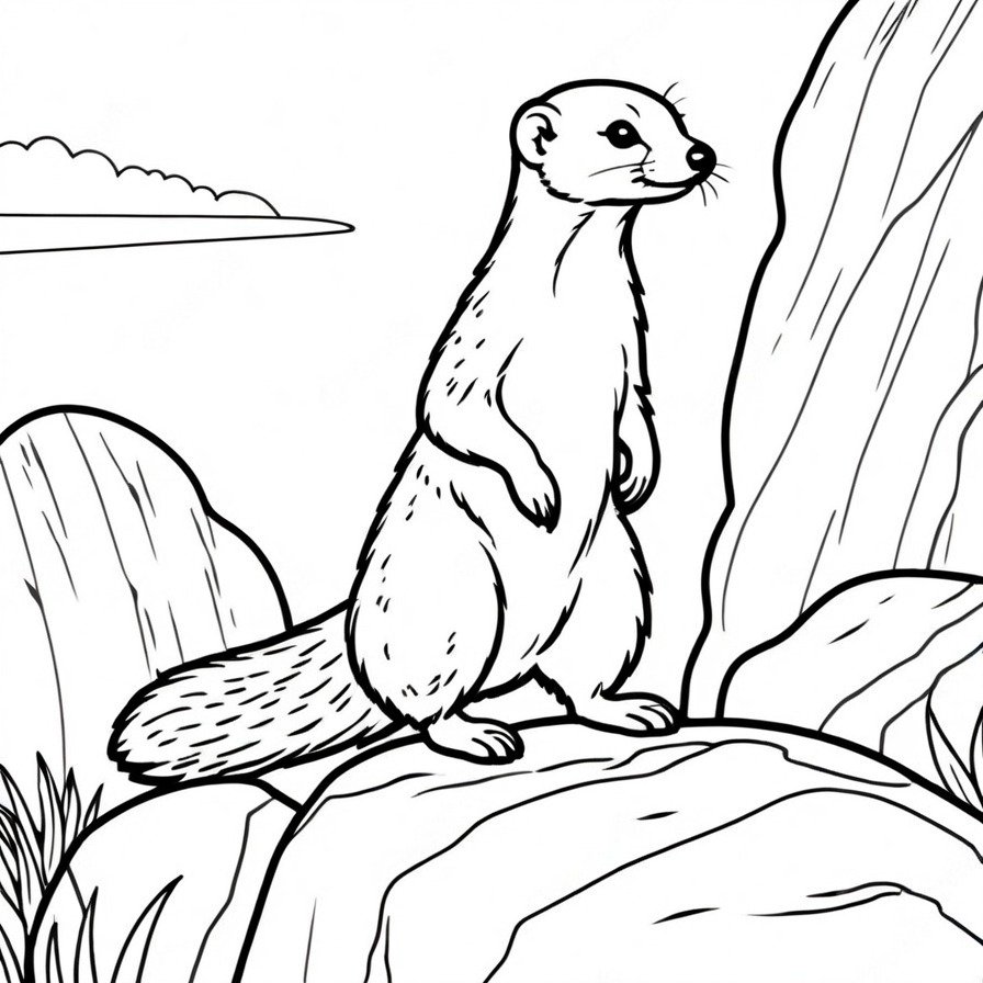 'Mongoose Moment' portrays the keen awareness of a mongoose in its natural habitat. The focused posture and sharp gaze are emphasized against a minimalistic background, offering an engaging scene for detailed coloring.