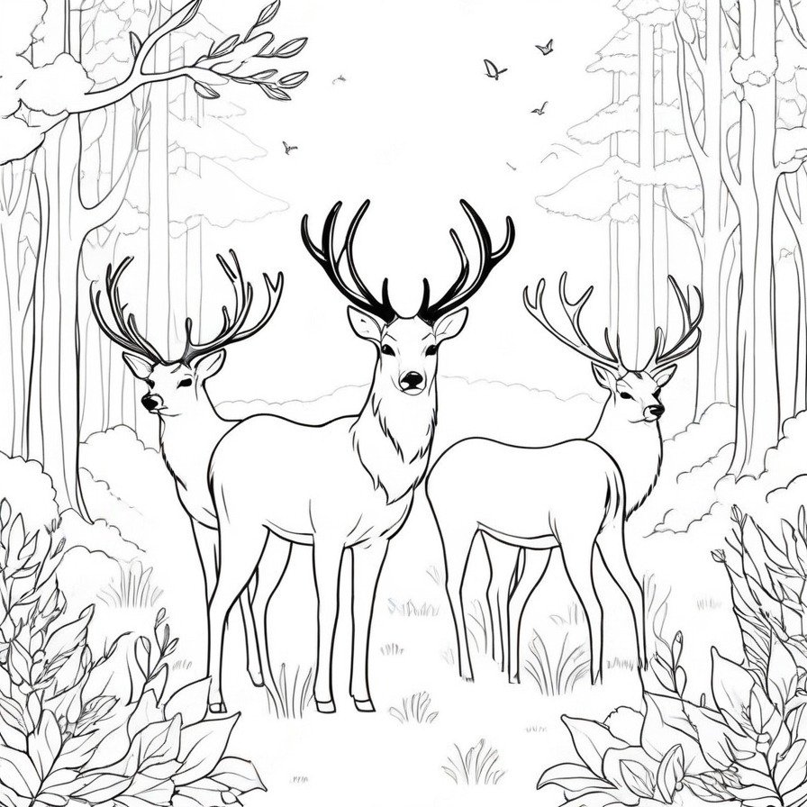 Step into the serene dawn with 'Noble Stags in the Mist,' a coloring page that captures the quiet majesty of deer in the early morning, offering a peaceful and ethereal coloring experience.