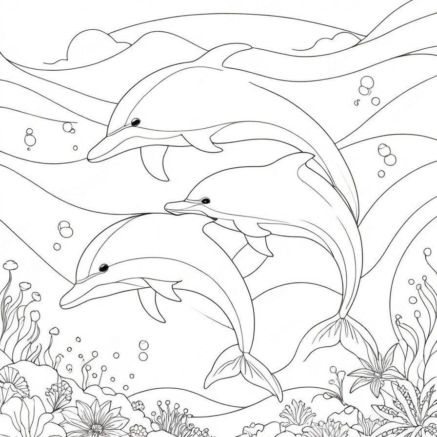 Greet the day with 'Playful Dolphins at Sunrise,' a coloring page that captures the joyous spirit of dolphins as they welcome the morning, a scene full of movement and life.