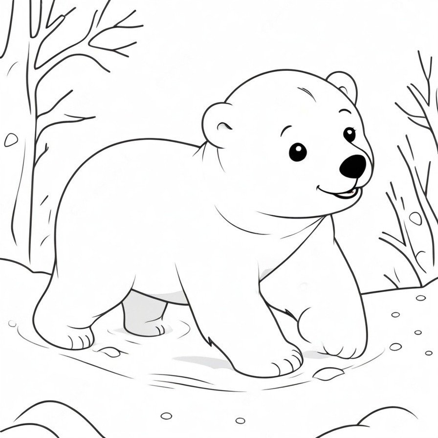 'Polar Bear Play' is a delightful depiction of youthful exuberance as a polar bear cub discovers the joy of its snowy world. The simple pleasure of play is etched in every line, inviting a cheerful coloring session.