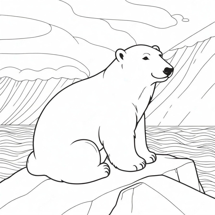 'Polar Bear Solitude' offers a peaceful pause in the life of a polar bear, with a vast sky that opens up countless possibilities for colorists to capture the quiet majesty of the Arctic.