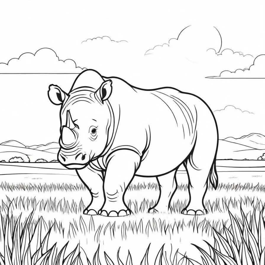 'Regal Rhino Standing' presents the rhinoceros in a moment of quiet strength. The open grassland background enhances the imposing presence of the rhino, making it a compelling figure for colorists to explore.