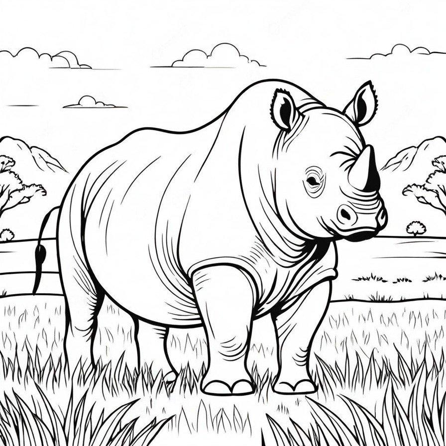 'Regal Rhino Standing' presents the rhinoceros in a moment of quiet strength. The open grassland background enhances the imposing presence of the rhino, making it a compelling figure for colorists to explore.