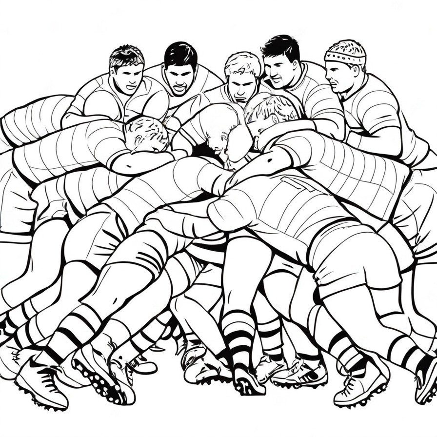 'Rugby Scrum Strength' is a tribute to the power and unity of rugby, a sport where every player's effort is key, presented in a scene ripe for coloring.