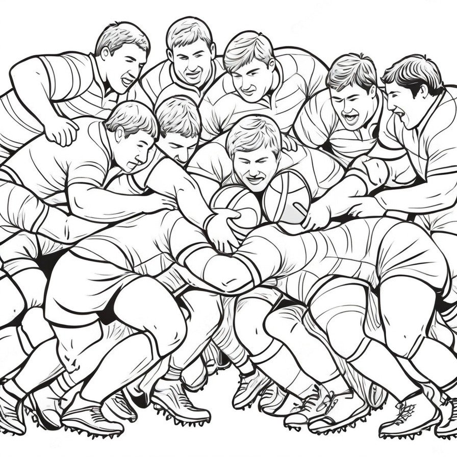 'Rugby Scrum Strength' is a tribute to the power and unity of rugby, a sport where every player's effort is key, presented in a scene ripe for coloring.