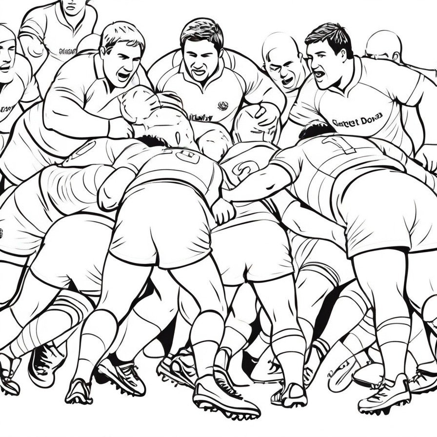 'Rugby Scrum Strength' is a tribute to the power and unity of rugby, a sport where every player's effort is key, presented in a scene ripe for coloring.