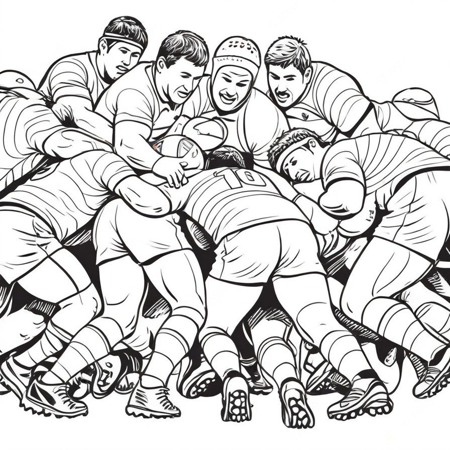 'Rugby Scrum Strength' is a tribute to the power and unity of rugby, a sport where every player's effort is key, presented in a scene ripe for coloring.