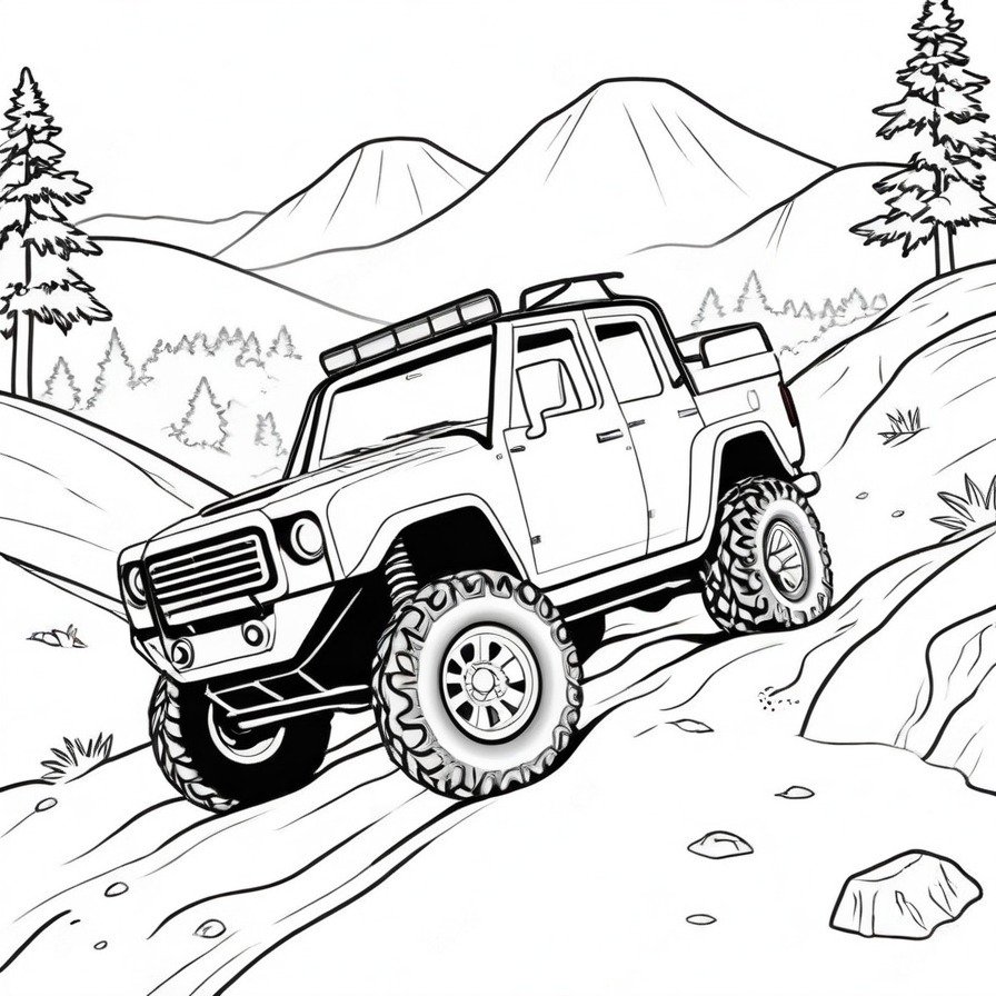 Gear up for 'Rugged Off-Road Adventure,' a coloring page for thrill-seekers and adventure lovers, highlighting the excitement of taking the road less traveled.