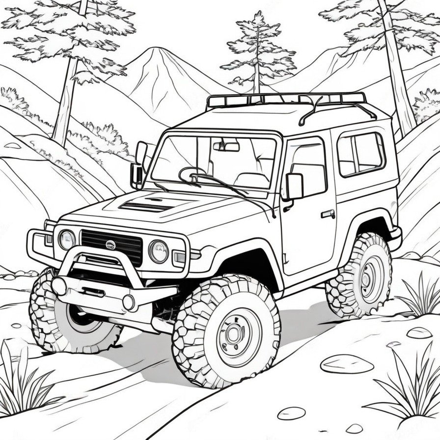 Gear up for 'Rugged Off-Road Adventure,' a coloring page for thrill-seekers and adventure lovers, highlighting the excitement of taking the road less traveled.