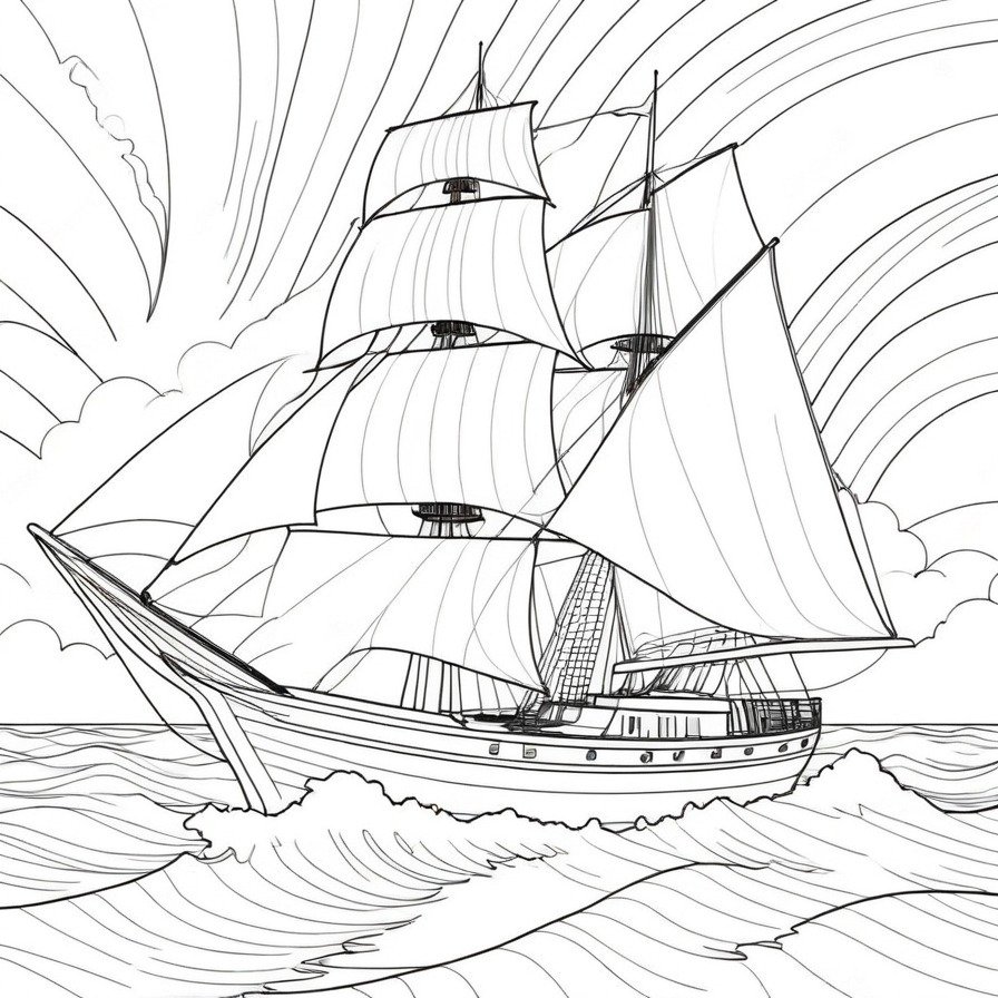 Set sail with 'Sailing Ship Majesty,' a coloring page that celebrates the grandeur and adventure of sailing, inviting colorists to chart their course across the page.