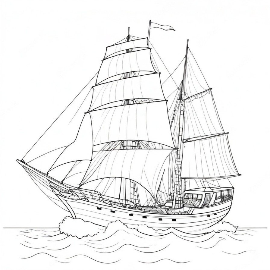 Set sail with 'Sailing Ship Majesty,' a coloring page that celebrates the grandeur and adventure of sailing, inviting colorists to chart their course across the page.