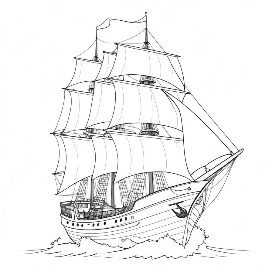 Set sail with 'Sailing Ship Majesty,' a coloring page that celebrates the grandeur and adventure of sailing, inviting colorists to chart their course across the page.