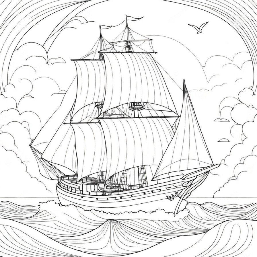 Set sail with 'Sailing Ship Majesty,' a coloring page that celebrates the grandeur and adventure of sailing, inviting colorists to chart their course across the page.