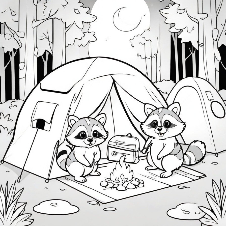 Embark on a nocturnal adventure with 'Sly Raccoons in the Night,' a coloring page that showcases the cunning and adventurous nature of raccoons as they scavenge around a moonlit campsite. An engaging scene for those intrigued by the clever antics of these resourceful creatures.