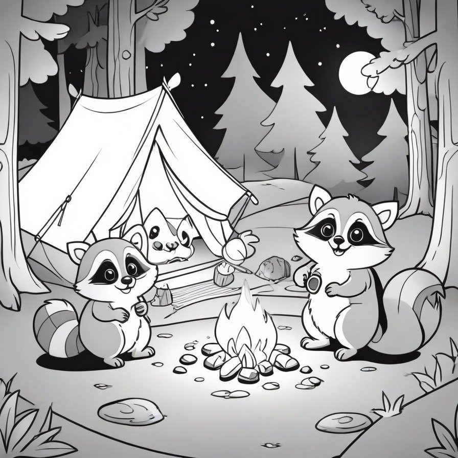 Embark on a nocturnal adventure with 'Sly Raccoons in the Night,' a coloring page that showcases the cunning and adventurous nature of raccoons as they scavenge around a moonlit campsite. An engaging scene for those intrigued by the clever antics of these resourceful creatures.