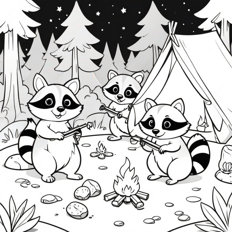 Embark on a nocturnal adventure with 'Sly Raccoons in the Night,' a coloring page that showcases the cunning and adventurous nature of raccoons as they scavenge around a moonlit campsite. An engaging scene for those intrigued by the clever antics of these resourceful creatures.