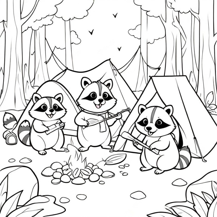 Embark on a nocturnal adventure with 'Sly Raccoons in the Night,' a coloring page that showcases the cunning and adventurous nature of raccoons as they scavenge around a moonlit campsite. An engaging scene for those intrigued by the clever antics of these resourceful creatures.