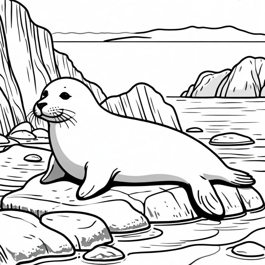 'Sole Seal Lounging' offers a serene moment by the sea, where the gentle waves and warm sun accompany a seal's peaceful repose. The simplicity of the scene invites a calm coloring session, reflecting the tranquility of coastal life.