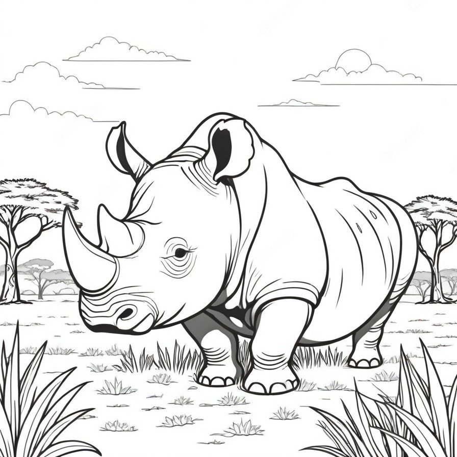 'Solitary Rhino Resting' is a study in tranquility and texture. The rhinoceros's lone figure against the expanse of the savannah invites a mindful approach to coloring, emphasizing the calm and resilience of this mighty animal.