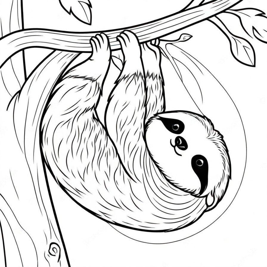 The 'Solitary Sloth Hanging' coloring page offers a moment of calm, with the sloth's peaceful hang inviting colorists to slow down and enjoy the process of bringing the scene to life with subtle shades.