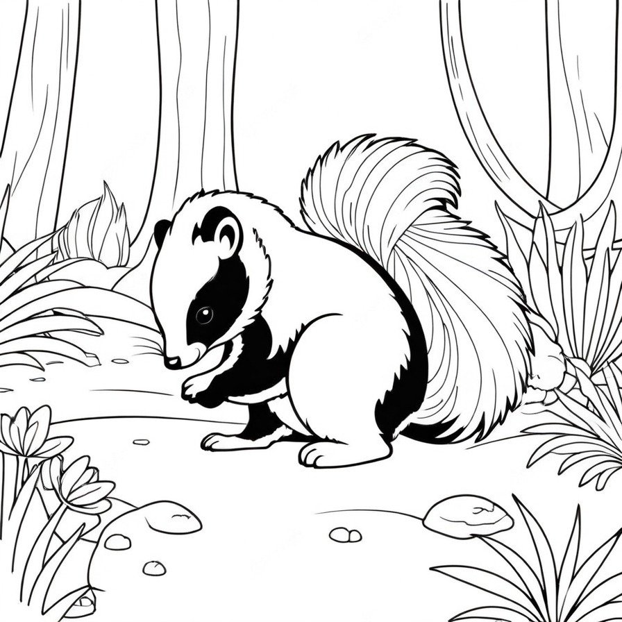 'Solo Skunk Foraging' captures the often misunderstood skunk in a moment of daily survival, providing a detailed subject for coloring enthusiasts interested in the subtle beauty of this unique animal.