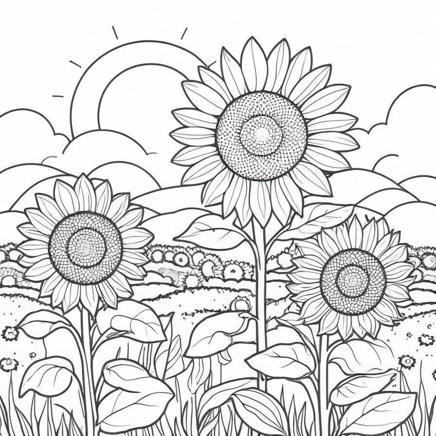 Let your spirits be lifted with 'Solskenssolrosor,' a coloring page that celebrates the joy and vibrancy of sunflowers, a perfect canvas for those who wish to bring a touch of sunshine into their art.