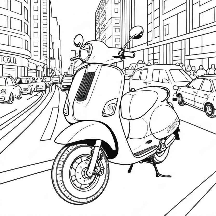 Take on the city's buzz with 'Stylish Scooter,' a coloring page that offers a glimpse into the agile world of scooter commuting, perfect for enthusiasts of modern urban transport.