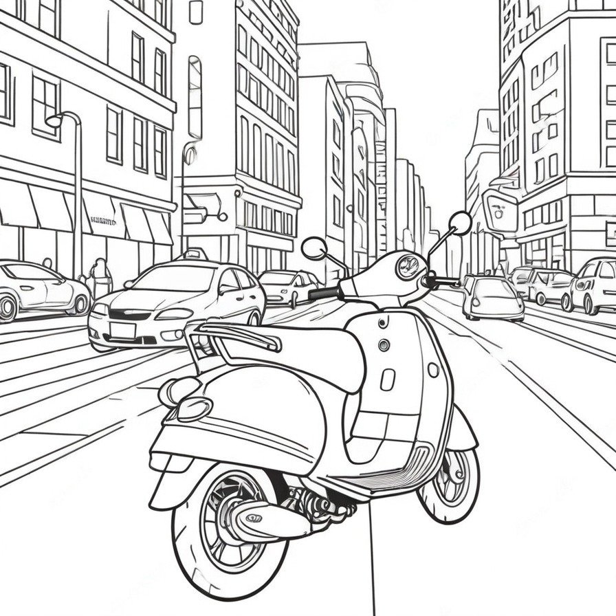 Take on the city's buzz with 'Stylish Scooter,' a coloring page that offers a glimpse into the agile world of scooter commuting, perfect for enthusiasts of modern urban transport.