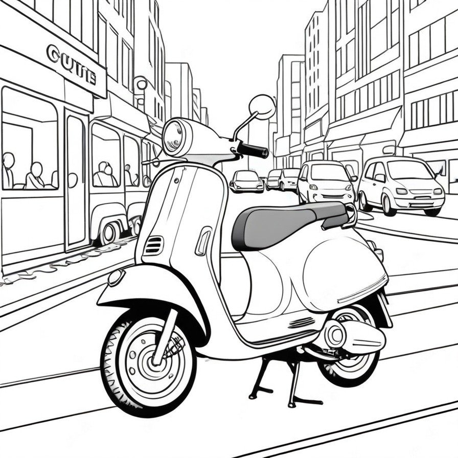 Take on the city's buzz with 'Stylish Scooter,' a coloring page that offers a glimpse into the agile world of scooter commuting, perfect for enthusiasts of modern urban transport.