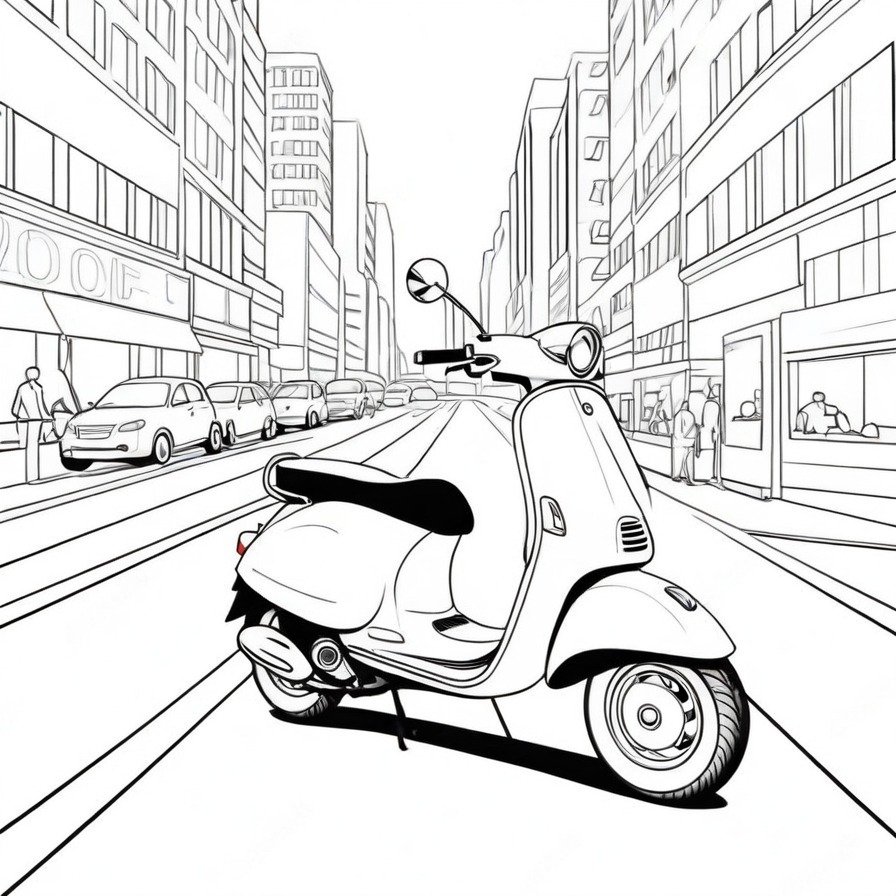 Take on the city's buzz with 'Stylish Scooter,' a coloring page that offers a glimpse into the agile world of scooter commuting, perfect for enthusiasts of modern urban transport.